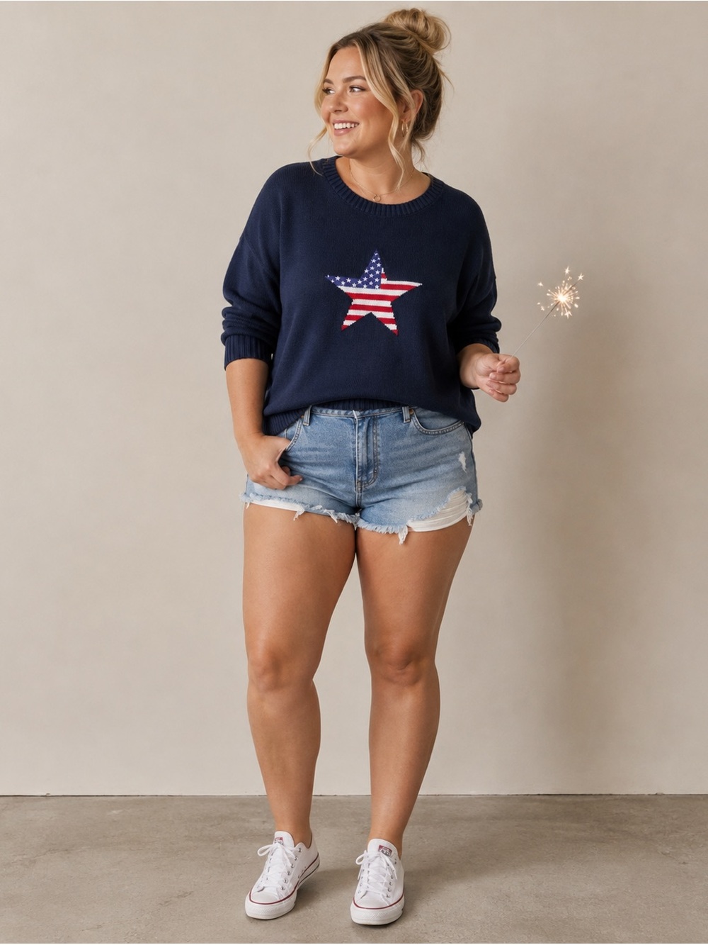 STELLA TWEED • USA flag star navy cotton sweater size large